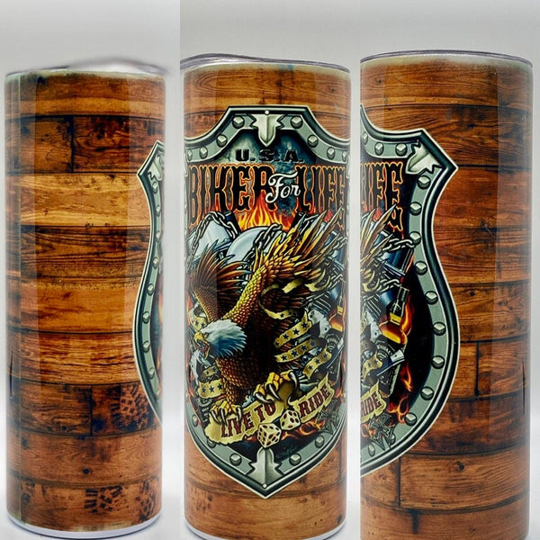 Biker Life Woodgrain Sublimation Tumbler